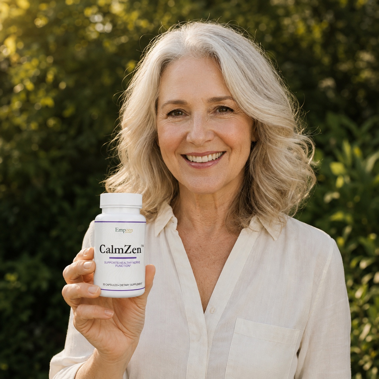 A woman holding a CalmZen bottle in a sunlit garden