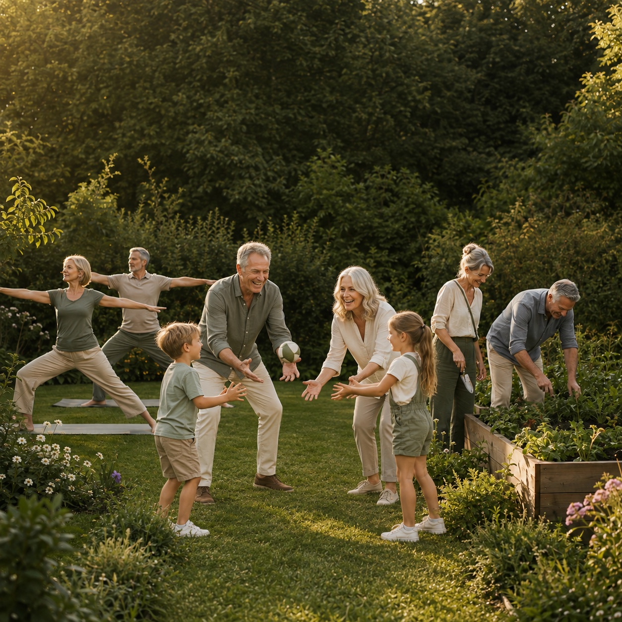 Grandparents playing ball with their grandchildren in a garden, with adults enjoying gentle exercise and gardening nearby